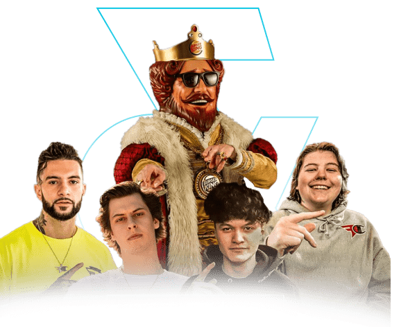 Burger King character wearing shades and posing with Faze Clan for Impossible whopper
